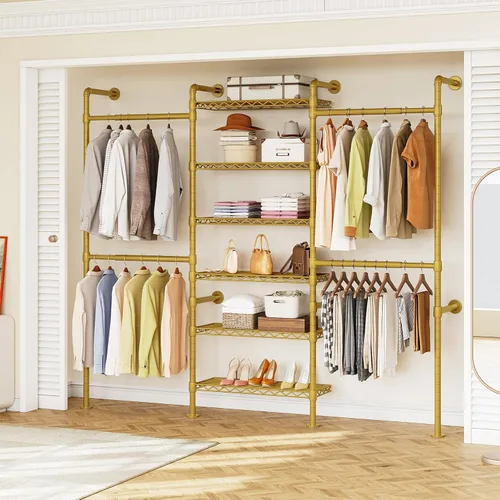 ONBRILL H3 Sistema de Armario Montado en Pared, Perchero de Tubería Industrial Expandible Perchero de Ropa para Colgar Ropa, Organizadores de Dorado