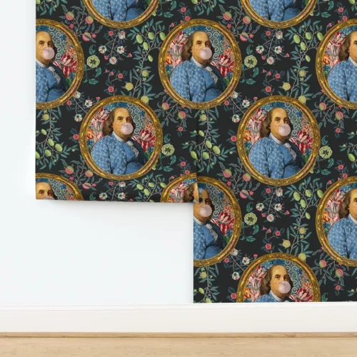 Miniatura 4 de Spoonflower Muestro de papel tapiz extraíble - Bubblegum Ben Franklin Presidente Floral Print Charcoal Novedad Papel pintado personalizado pre-pegado