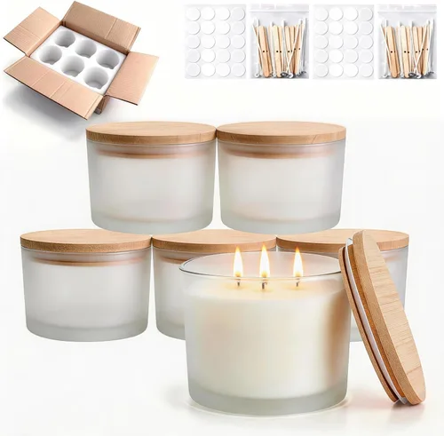 Miniatura 10 de Tarros de vela de vidrio de 4 onzas, paquete de 12 tarros pequeños para hacer velas, tarros vacíos de vidrio grueso de boca ancha con tapas de bambú
