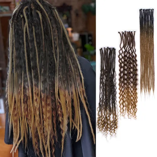 Miniatura 17 de Extensiones de rastas trenzadas bohemias de 24 pulgadas, 10 hebras de rastas sintéticas rizadas color marrón degradado con trenza de caja, rastas