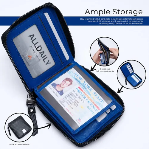 Miniatura 2 de Alldaily Carteras con bloqueo RFID para hombres con cremallera y tarjetero RFID (negro y azul)