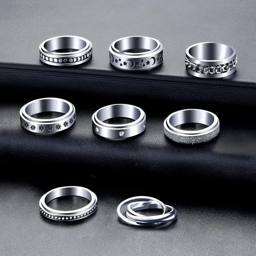 Miniatura 4 de Anillos giratorios MUCAL para ansiedad 8 piezas de anillo giratorio de acero inoxidable anillo anti ansiedad anillo giratorio con luna y estrella