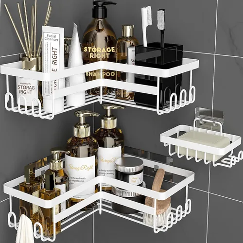 Miniatura 10 de StorageRight Organizador de ducha de esquina, paquete de 3 accesorios de baño adhesivos con soporte para jabón, estante organizador de ducha