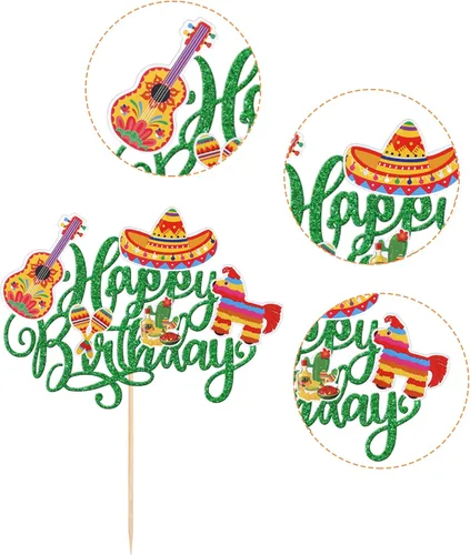 Miniatura 3 de Paquete de 41 decoraciones para tartas de cumpleaños con guitarra, cactus y burro, palillos de pimienta para fiesta mexicana, temática de baby