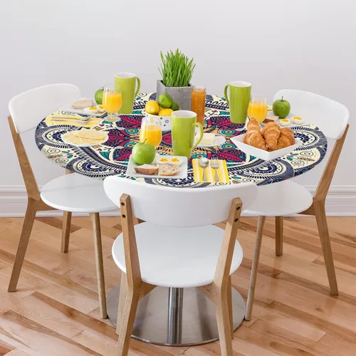 Miniatura 8 de Pardick Mantel Redondo Ajustable de Mandala Bohemia, Cubierta de Tela Redonda, Mantel Impermeable Antiarrugas con Borde Elástico, Decorativo