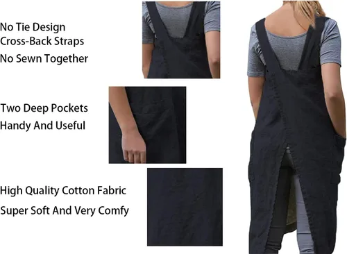 Miniatura 4 de Delantal Pinafore con espalda cruzada con bolsillos, delantal de lino y algodón, talla grande Negro