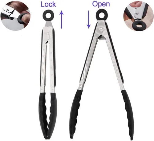 Miniatura 3 de Paquete de 4 pinzas de cocina negras, de silicona de alta calidad, sin BPA, antiadherentes, acero inoxidable, para barbacoa, para cocinar, asar a