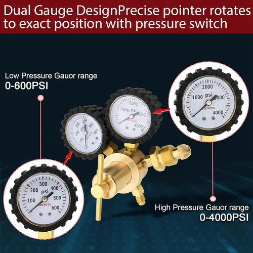 Miniatura 6 de Regulador de Nitrógeno 0-600PSI CGA580 Entrada, Conexión de Salida de Llama Macho de 1/4 Pulgada, Manija de Servicio Pesado, Válvula de Alivio