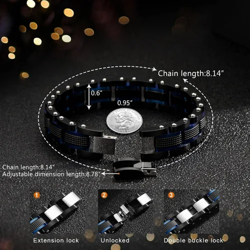 Miniatura 5 de Zillaly Pulsera de diamantes de eslabones cuadrados de acero inoxidable de dos tonos para hombre en negro y azul chapado en iones negro