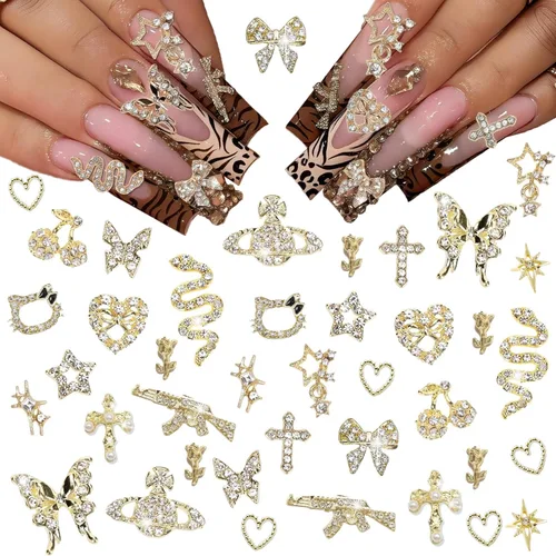 40 dijes dorados para uñas, arte de uñas, gemas de diamantes de imitación 3D, joyería para uñas acrílicas, accesorios para mujeres, decoración de