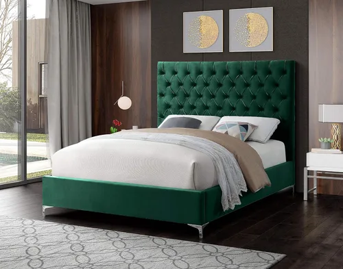 Miniatura 17 de Meridian Furniture Colección moderna Cruz Cama tapizada de terciopelo contemporánea con acolchonamiento de botones profundos y juegos completos