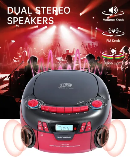 Miniatura 2 de Reproductor de CD Boombox con Bluetooth y reproductor de casete Radio AM/FM portátil, entrada MP3/USB/AUX, sistema de sonido estéreo