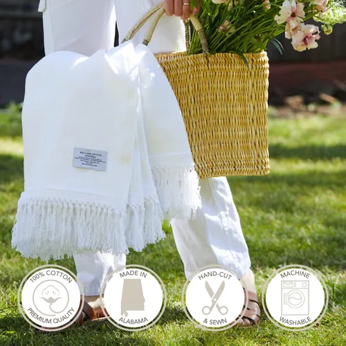 Miniatura 4 de Red Land Cotton Manta de 100% algodón hecha en Estados Unidos Manta suave y transpirable con tejido tipo cesta Fácil de lavar Blanca