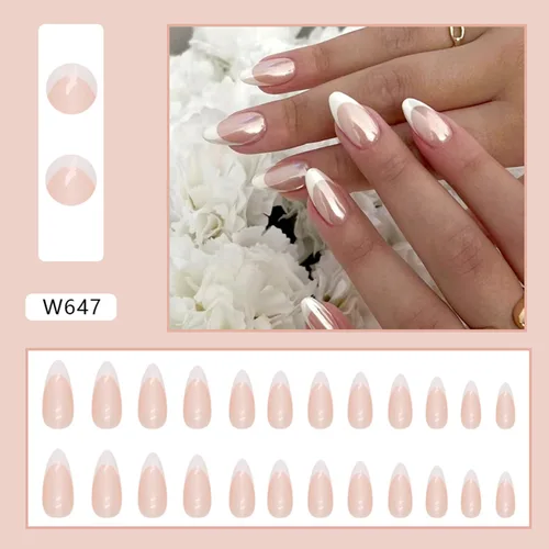 Miniatura 2 de Uñas postizas largas a presión de almendra, uñas postizas Aurora con punta francesa, 24 unidades, naturales, brillantes, cobertura completa