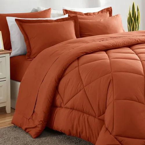 Miniatura 8 de CozyLux Juego de edredón tamaño King, color naranja quemado, toda la ropa de cama en una sola bolsa, 7 piezas: edredón, fundas de almohada
