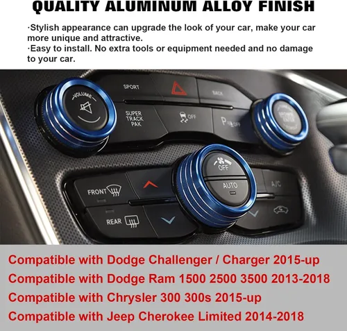 Miniatura 4 de Xotic Tech - 3 piezas de aluminio azul CA para interruptor de volumen de radio climática de control de botón de control compatible con Dodge Charger