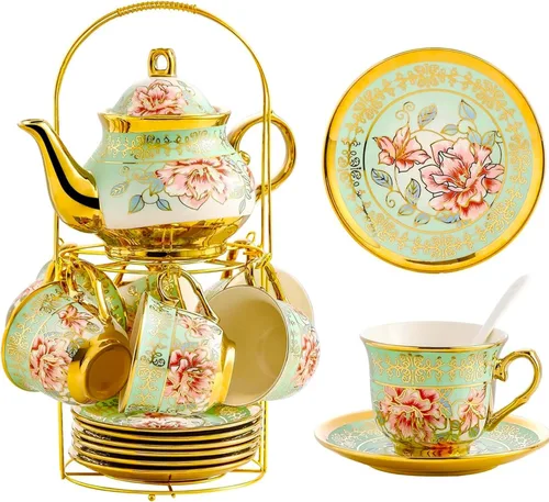 Miniatura 11 de Juego de té de cerámica europea de 20 piezas para adultos con soporte de metal y pintura de flores (versión crema grande)