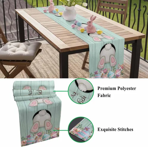 Miniatura 7 de Camino de Mesa de Algodón y Lino Happy Easter, Bufandas para Cómoda, Cola de Conejo, Huevo, Rústico, Granja, Madera, Antideslizante, Arpillera
