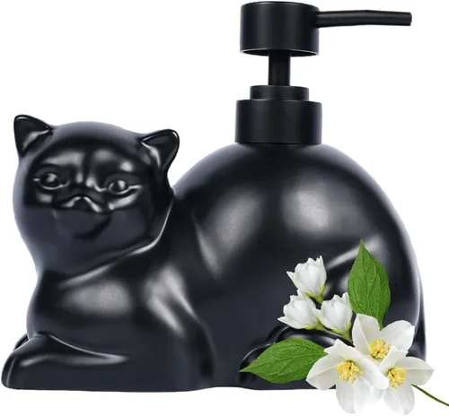 Dispensador de jabón con forma de gato negro, dispensador de jabón de cerámica divertido, aceite esencial recargable de 15 onzas, dispensador de