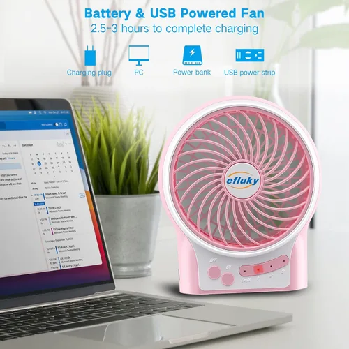 Miniatura 2 de efluky Mini ventilador de escritorio de 3 velocidades con luz LED, ventilador USB portátil silencioso para el hogar, oficina, viajes, campamento, al