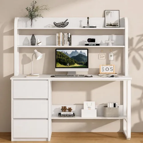 MaverickFurni Escritorio blanco con gabinete, escritorio de computadora de 55 pulgadas con 3 cajones para dormitorio, escritorio de estudio con