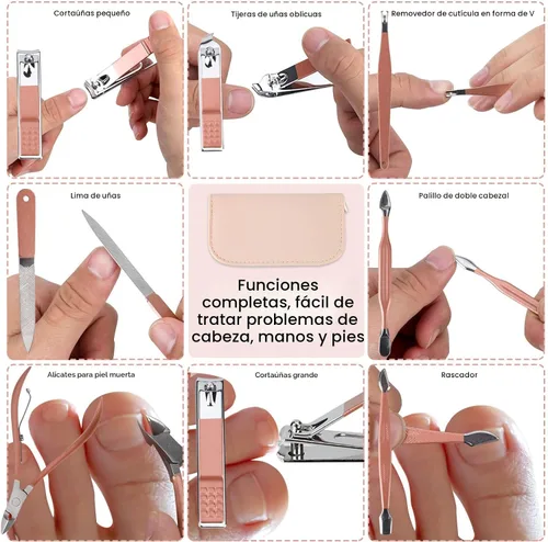 Miniatura 5 de Juego portátil de cortaúñas y herramientas de belleza, juego de manicura de oro rosa, 12 en 1. Bolsa de cuero rosa martensítica, adecuada