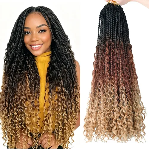 Miniatura 35 de LMZIM 18 Pulgadas Trenzas de Caja Bohemias 8 Paquetes Trenzas de Caja de Diosa Bohemia Cabello de Ganchillo con Puntas Rizadas Cabello de Ganchillo