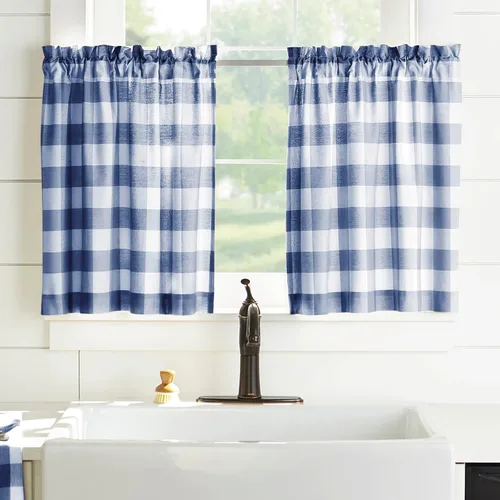 Miniatura 9 de Elrene Home Fashions Farmhouse Living Buffalo-Check Juego de cortinas de dos niveles para baño o cocina, 30" x 24" (Juego de 2 niveles), Gris/Blanco