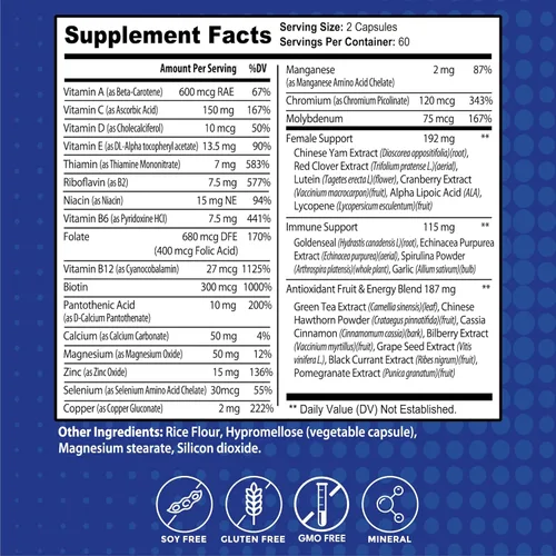 Miniatura 6 de Multivitamínico 37 en 1 para mujer para apoyo inmunológico y estrés, refuerzo de energía, salud ósea y de la piel y crecimiento del cabello