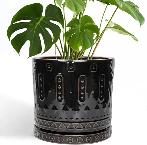 Miniatura 11 de Maceta de Cerámica Eightpot - Maceta de 20 cm para Interior con Agujeros de Drenaje y Platillo, Maceta Redonda para Exterior, Maceta Moderna de Azul