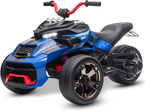 Motocicleta eléctrica para niños de 12 V, rueda eléctrica de 3 ruedas, con luces LED, neumáticos EVA, velocidad alta y baja, bocina, música, azul