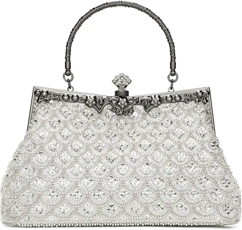 UBORSE Bolso de noche vintage con cuentas florales y diamantes de imitación bordado para mujer, bolso de fiesta de boda