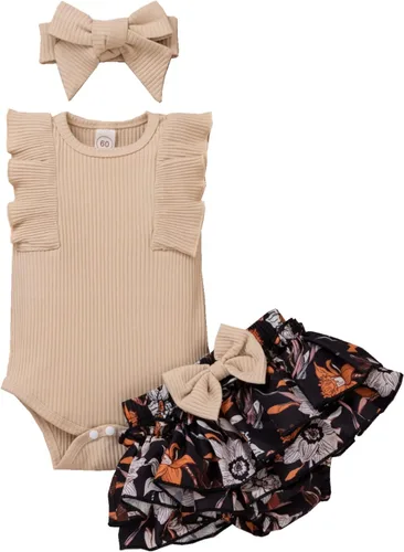 Conjunto de ropa de verano para bebés recién nacidos, manga con volantes, camiseta con tirantes florales y pantalones cortos con diadema