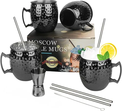 Miniatura 9 de LINALL Moscow Mule - Juego de 4 tazas de acero inoxidable chapadas en negro bronce de 18 onzas, taza medidora, selecciones de cóctel para bebidas 4