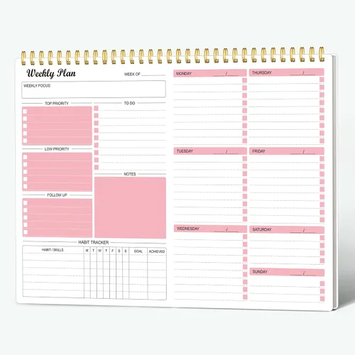 Agenda semanal, bloc de notas sin fecha, agenda semanal de objetivos, lista de tareas, calendarios, organizadores, rastreador de hábitos, diario Rosa