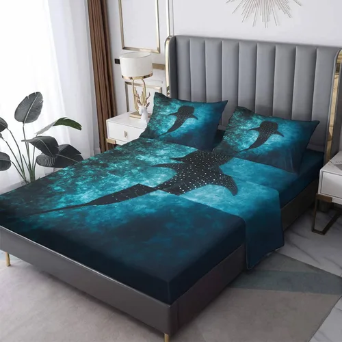 Miniatura 8 de Dolphin Sheets - Juego de sábanas de 4 piezas con estampado de animales marinos ondulados, sábanas y fundas de almohada, sábana bajera ajustable