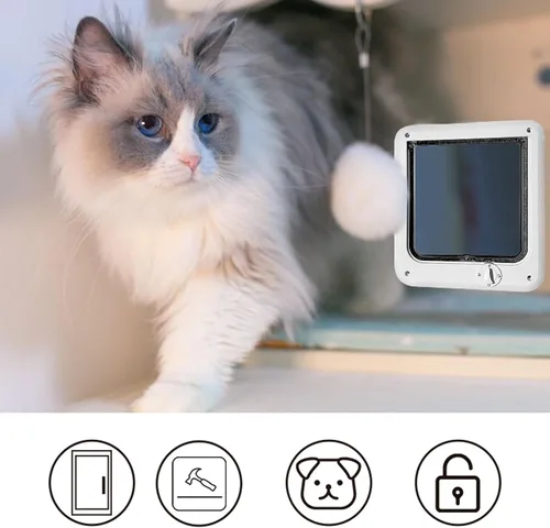 Miniatura 5 de Luqeeg Puerta multifuncional con solapa para mascotas, puerta de gato de 4 vías con control de PP para interior con 7 accesorios para comedero