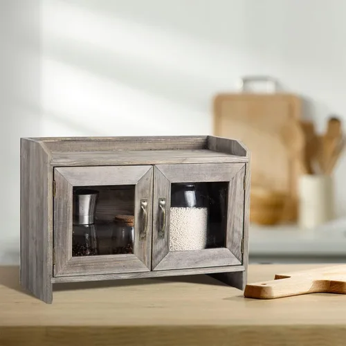 Miniatura 2 de Estante organizador de armario de madera gris piedra rústica, estante organizador de gabinete de vidrio, puertas de ventana de madera, organizador