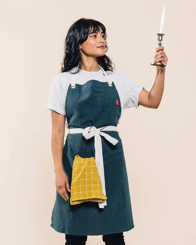 Miniatura 5 de Caldo - Delantal de cocina de lino con peto, delantal de lino ajustable con bolsillos para hombre y mujer (Abeto)