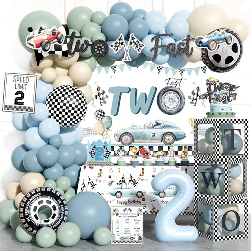 Dos decoraciones de cumpleaños rápidas para niños – 138 piezas de auto de carreras de 2º cumpleaños suministros de fiesta con telón de fondo,