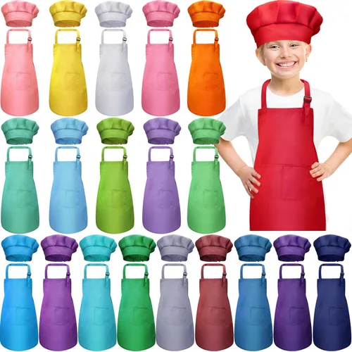 Miniatura 9 de Juego de 40 piezas de delantal de chef para niños y niñas, delantales de chef a granel para cocinar, pintura, delantal con babero para niños de 7 a