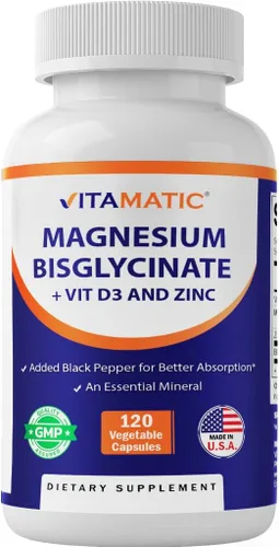 Vitamatic Magnesio (de bisglicinato y óxido) con vitamina D3 y zinc - 120 cápsulas vegetales - Apoya la salud muscular, articulaciones, nervios y