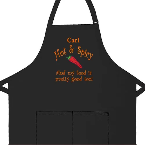 Delantal personalizado con diseño bordado picante y picante para añadir un nombre, Negro -