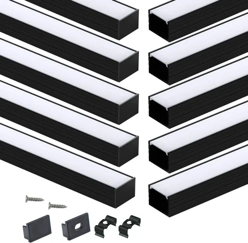 Miniatura 9 de Muzata Paquete de 10 canales LED de tamaño grande de 3.3 pies/3.3 ft, canal difusor de tira LED negro con cubierta difusora blanca esmerilada