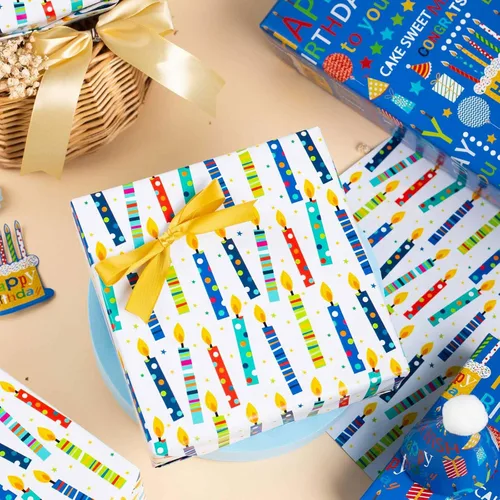 Miniatura 4 de Homeral Rollo de papel de regalo azul para cumpleaños - 17 pulgadas x 16.5 pies, con letras reversibles de "Feliz Cumpleaños" y velas coloridas.