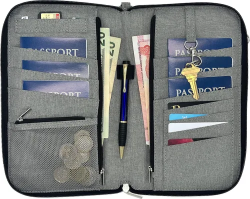 Miniatura 2 de Helgruenn Organizador de documentos de viaje familiar de 6 pasaportes de primera calidad con bloqueo RFID, Gris