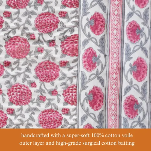 Miniatura 5 de Saffron Marigold Manta acolchada reversible rosa, tamaño Queen, hecha a mano, con estampado de dalia Daydreams de algodón Jaipuri Razai, colcha