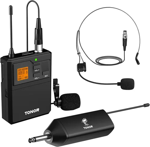 TONOR Sistema de micrófono inalámbrico UHF con micrófono de auriculares/micrófono de solapa Lavalier, transmisor Bodypack, receptor recargable, 15