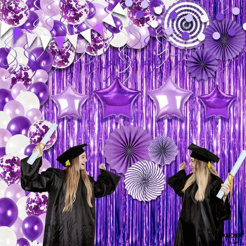 Miniatura 7 de KatchOn, Juego de decoración de fiesta púrpura 2026 – Paquete enorme de 155 globos para arco 2026 Globos 2026, telón de fondo con flecos, Morado