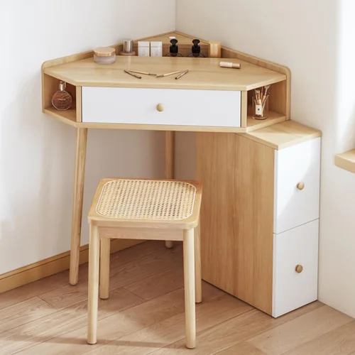 Miniatura 12 de Escritorio esquinero para dormitorio, juego de tocador blanco, con espejo de brillo ajustable, con 1 cajón y armario lateral, con estantes